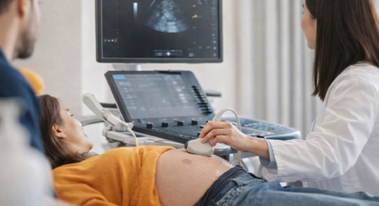 Doctor performing pregnancy ultrasound scan